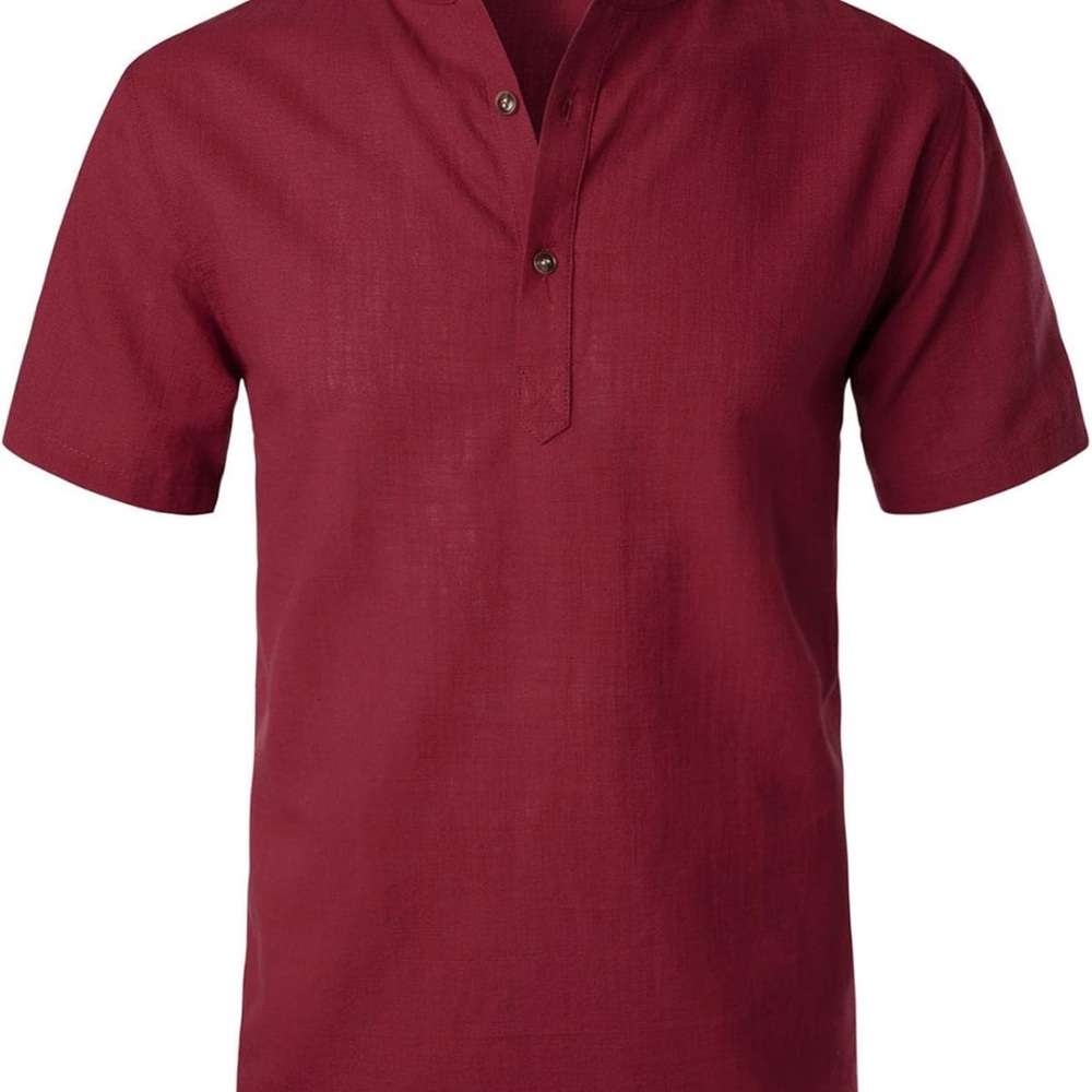 Men's Summer Lightweight Cotton Linen Shirts Casual Short Sleeve Banded Collar